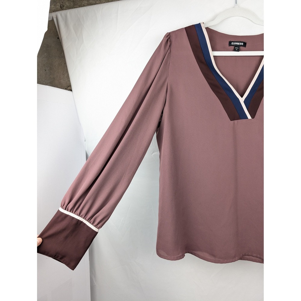 Express Long‎ Sleeve Colorblock V Neck Top Size L Pink Mauve Boho Classic Career - Picture 3 of 10